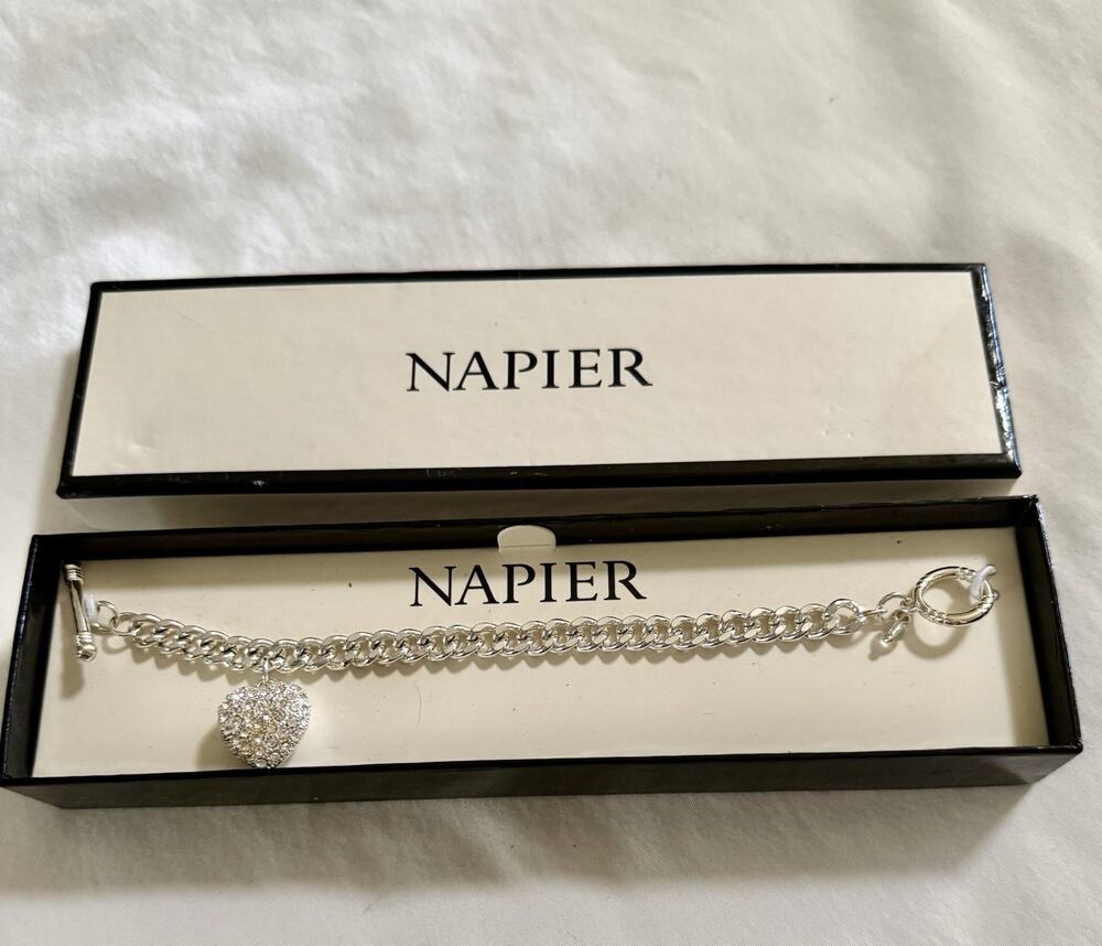 Napier Silver Tone Pave Rhinestone Heart Charm Bracelet, With Box